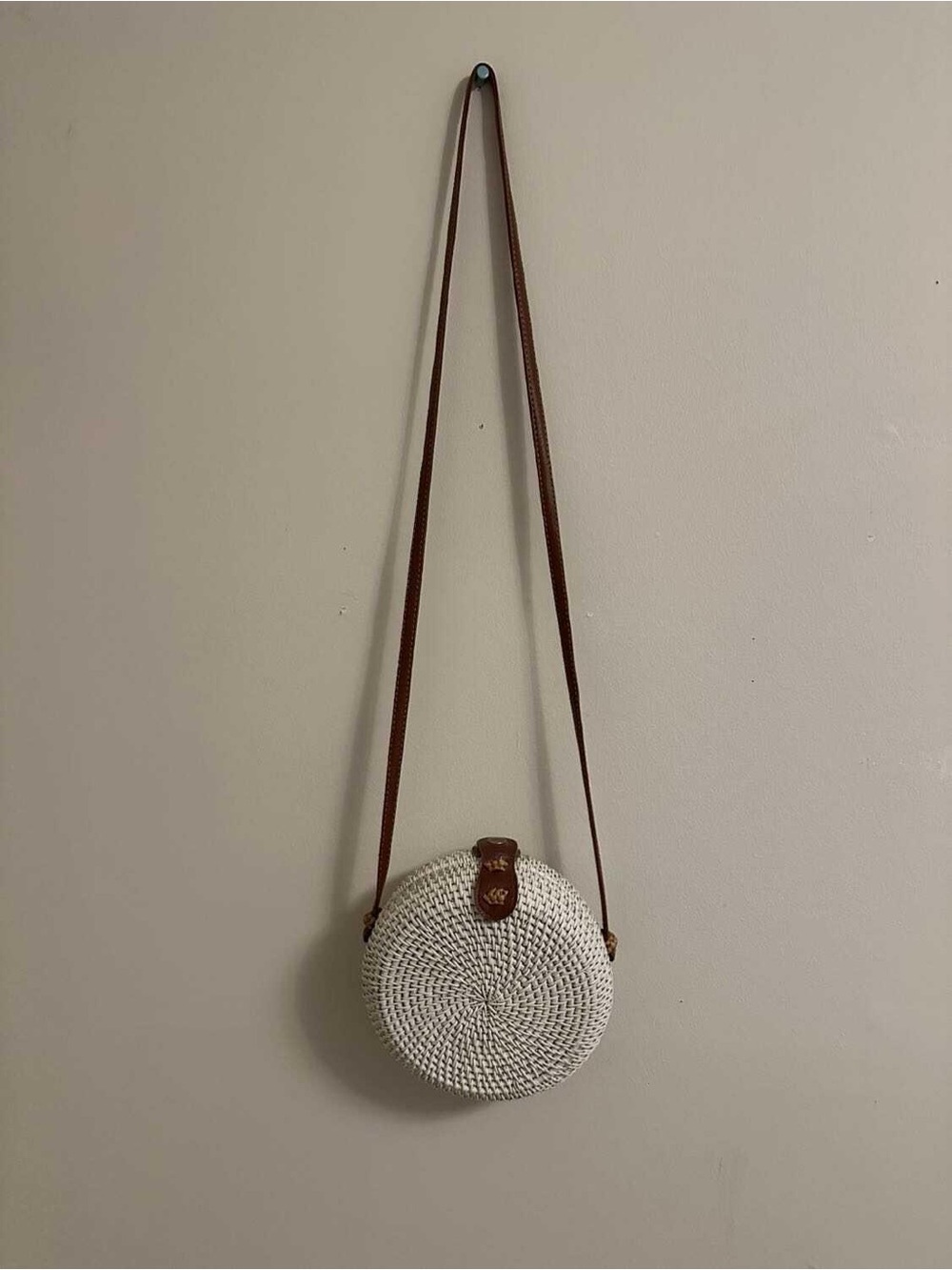 Round Woven Crossbody Bag in White with Brown Strap